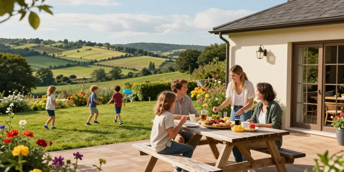 Furnished holiday let tax calculator scene with family enjoying outdoor leisure time at a charming rental property