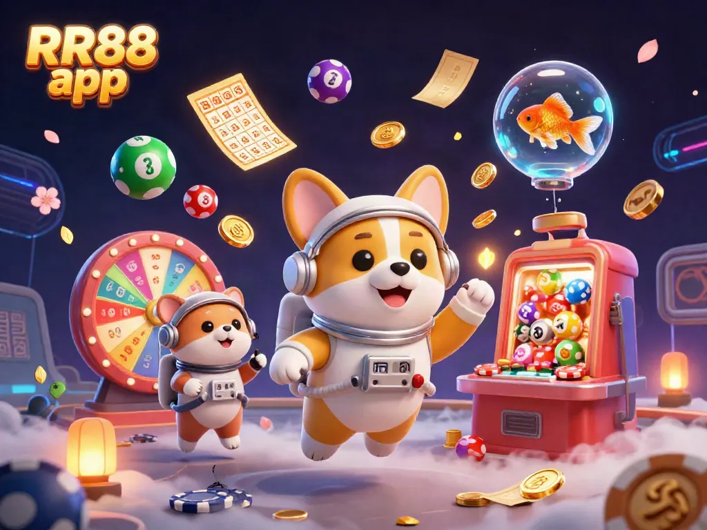 Engage with the thrilling RR88 app experience at a futuristic casino in space, featuring animated characters and vibrant game elements.