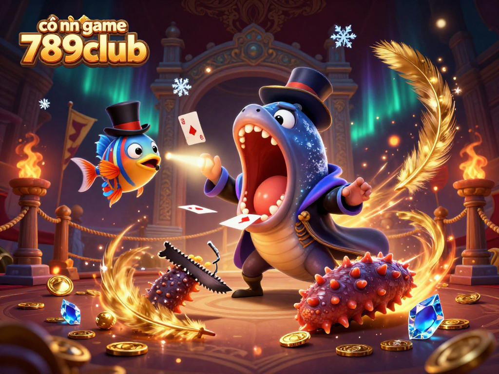 Engaging 3D scene showcasing cổng game 789club with a gulper eel magician performing card tricks amid vibrant casino elements.