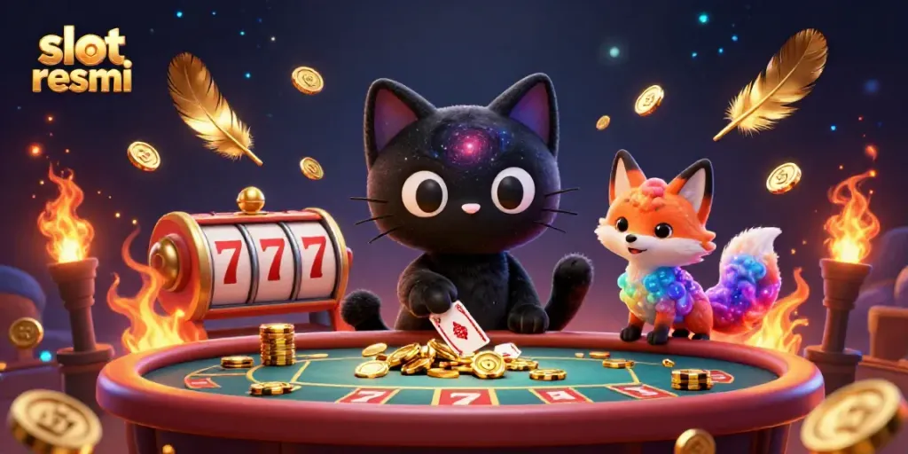 Experience excitement with slot resmi at a cosmic casino featuring a black hole cat and nebula fox surrounded by games.