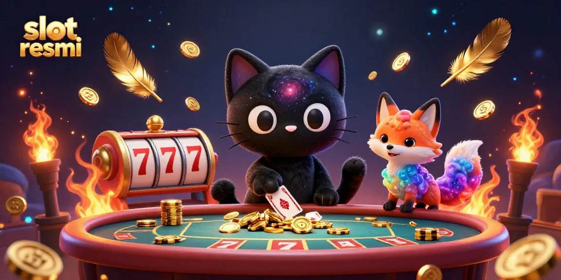 Experience excitement with slot resmi at a cosmic casino featuring a black hole cat and nebula fox surrounded by games.