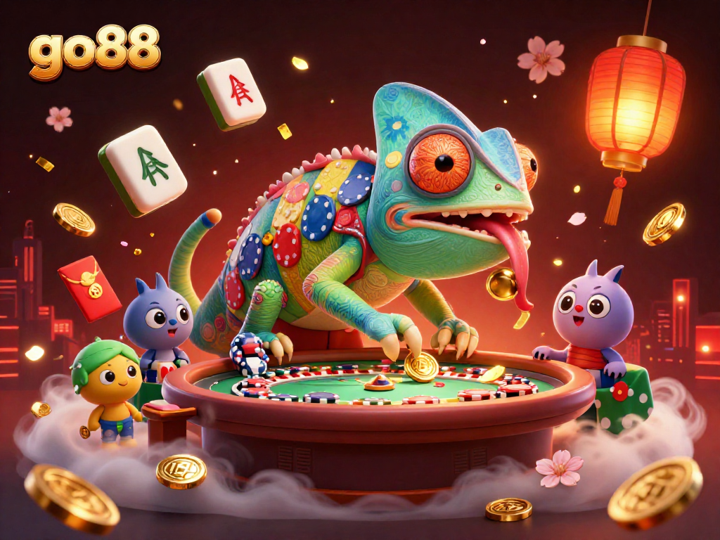 Experience the vibrant casino world of go88 with an animated chameleon character amidst colorful gamified elements.