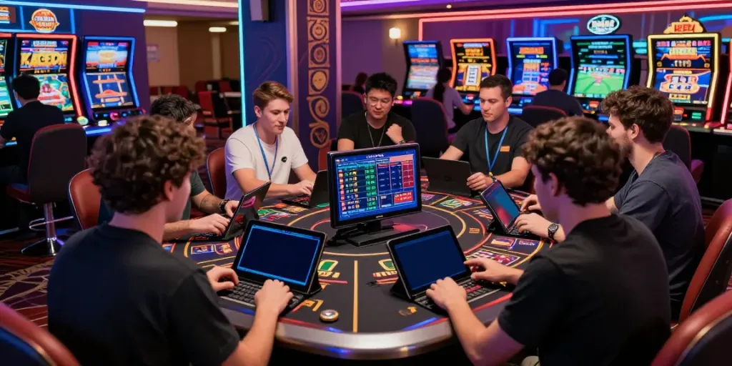 Exciting tx88 online betting scene with players at a modern casino table interacting with live sports and casino games.