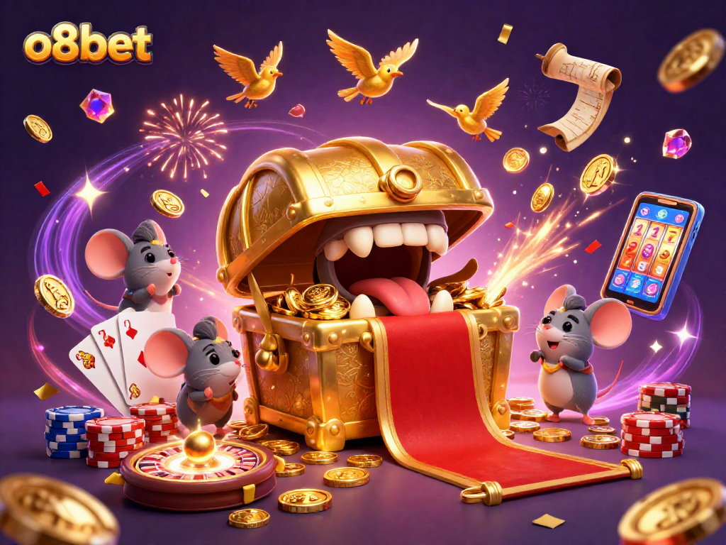 Join the fun at o8bet with a dynamic 3D illustration showcasing exciting casino elements.
