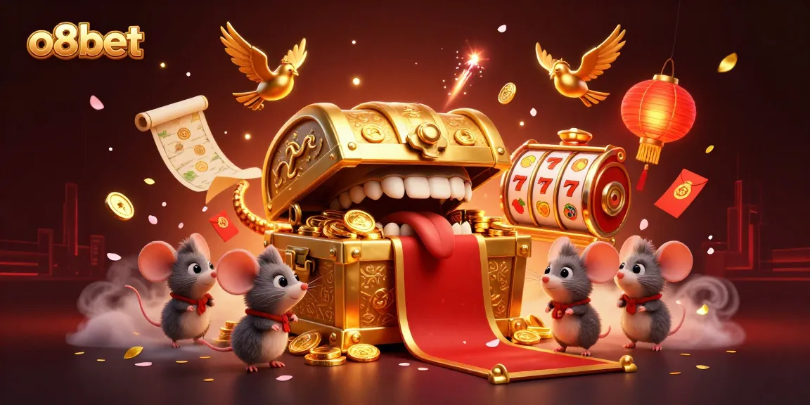 Play and win at o8bet's vibrant 3D casino, highlighting the treasure chest charm and festive elements.