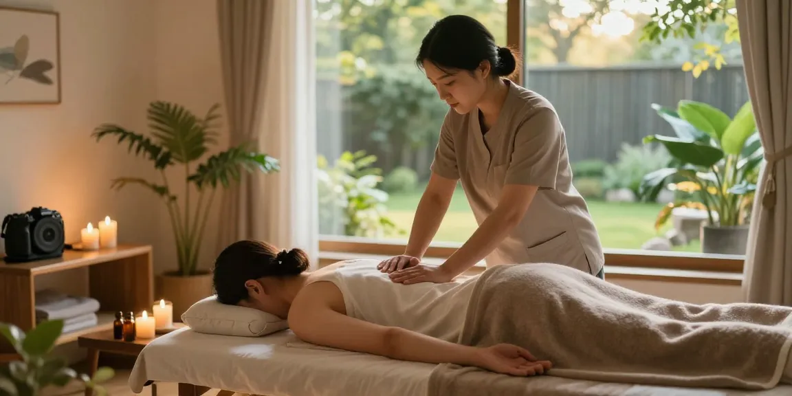 Relaxing 대화동출장안마 massage scene in a serene home setting with soothing ambient lighting.