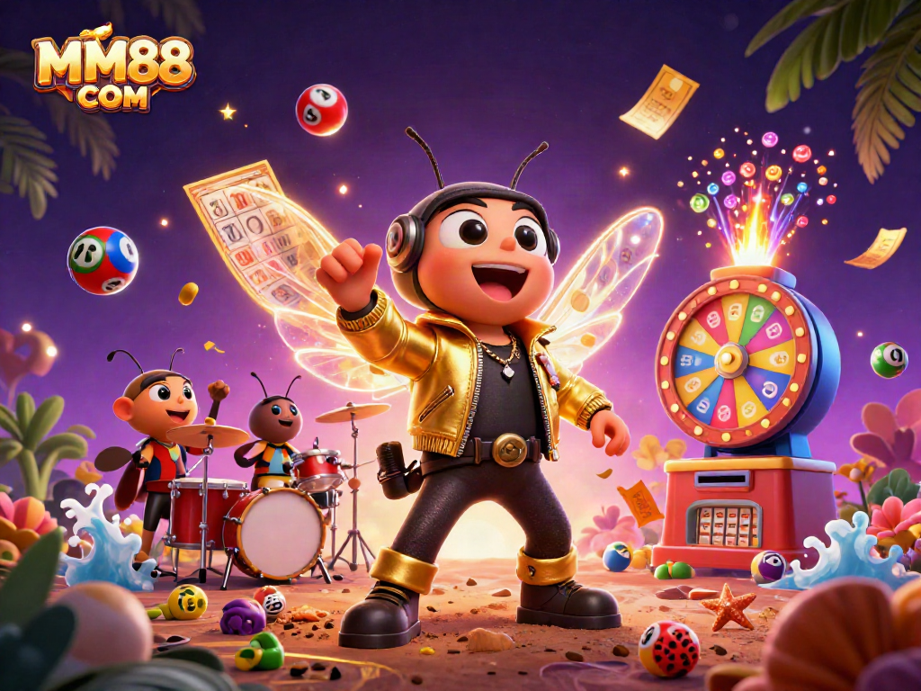 Experience excitement with the vibrant MM88 COM scene featuring animated lottery elements and a lively atmosphere.