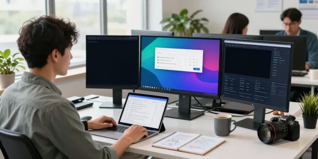 Marketer optimizing web content for instant indexing in a modern office.