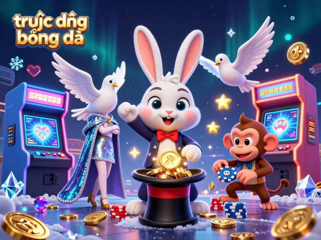 Experience trực tiếp bóng đá watching vibrant scenes with a wizard rabbit, dove, and monkey in a dynamic casino setting.
