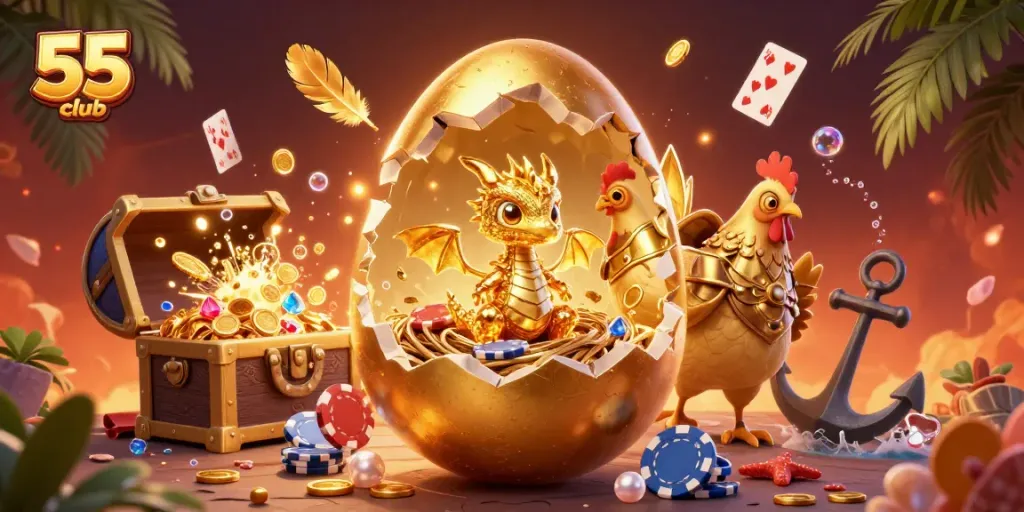 Engage with the thrilling 55 club gaming experience featuring a golden dragon, poker chips, and vibrant underwater treasures.