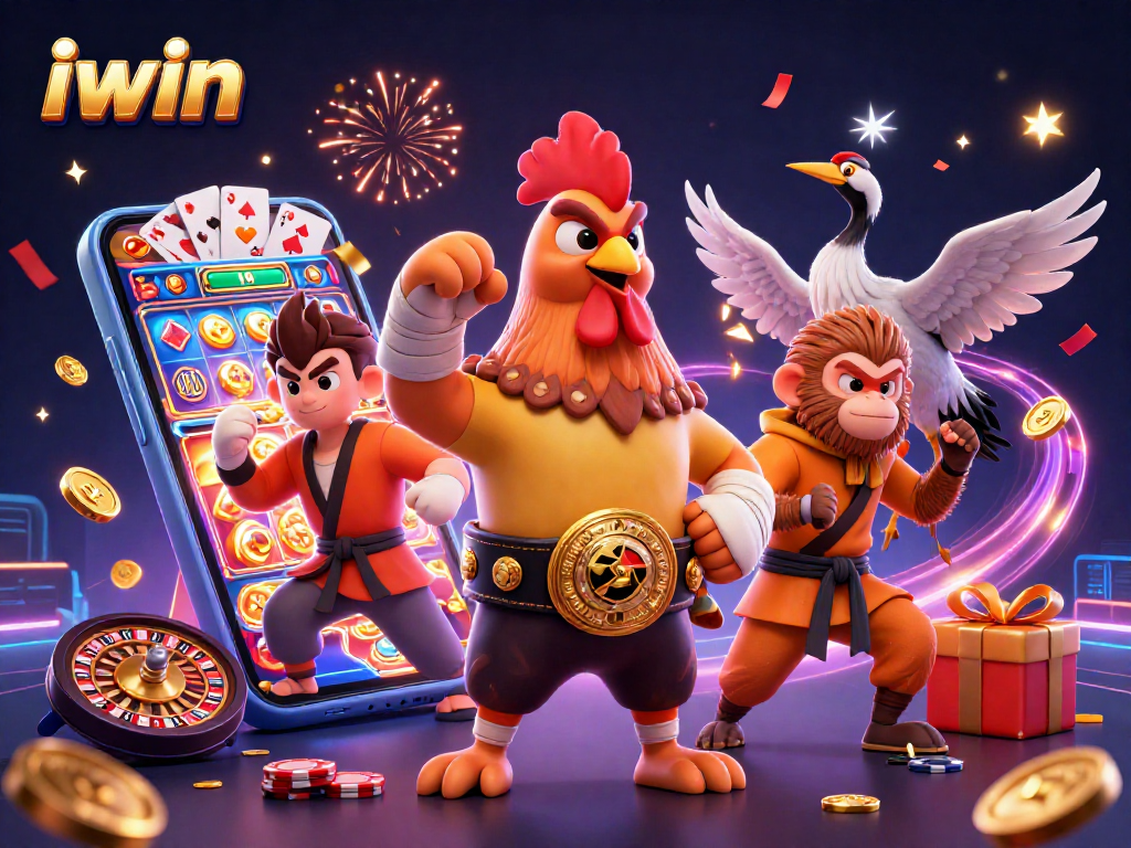 iwin showcases a vibrant 3D casino illustration with a rooster, monkey, and crane amid dynamic gaming elements and celebration.