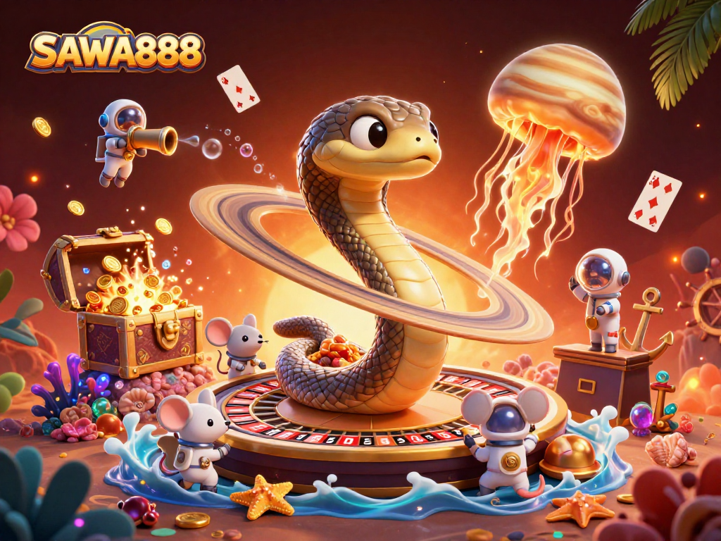 Experience the excitement of SAWA888 with a cosmic casino scene featuring space elements and gambling fun.