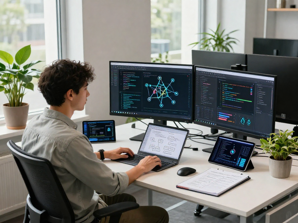 Dynamic workspace showcasing AI development with 18+ ai technology complexities evident in coding and design.