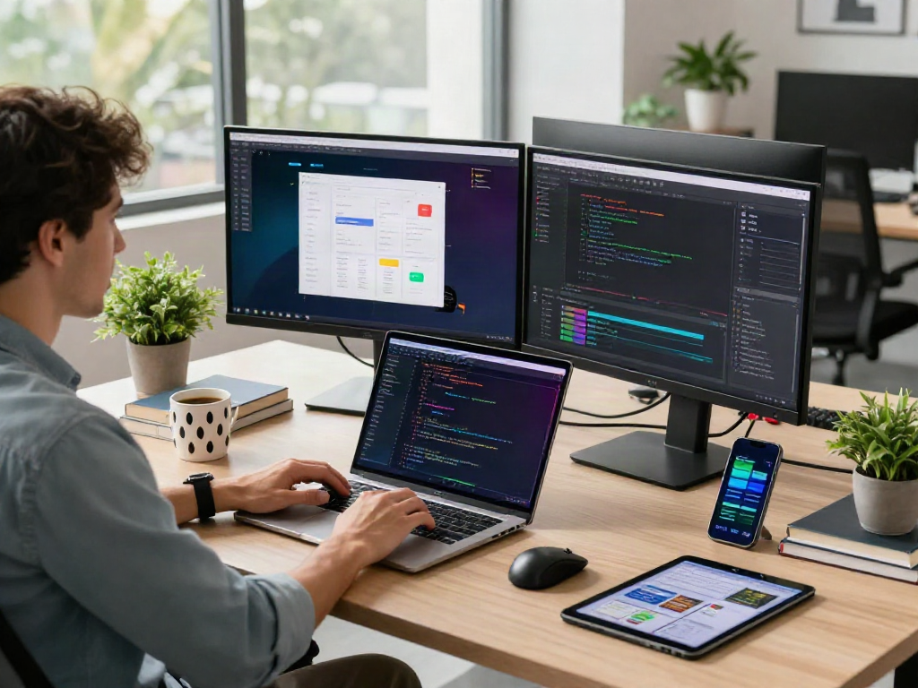 Developer engaged in coding with juicy ai tools at a modern workspace.