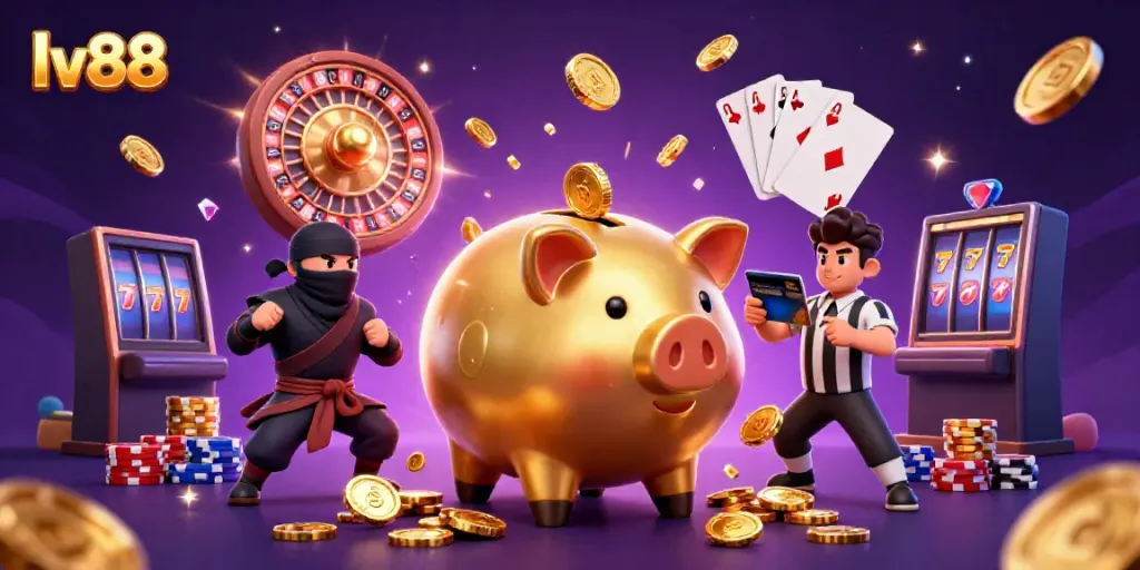 Experience the excitement of lv88's casino with golden coins and vibrant characters in action.