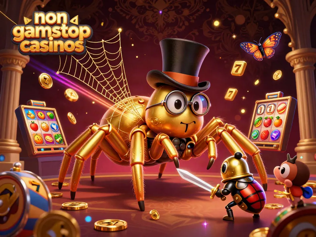 Experience the thrilling adventure of non gamstop casinos with a golden tarantula, beetle knight, and vibrant slot elements in a dynamic 3D scene.