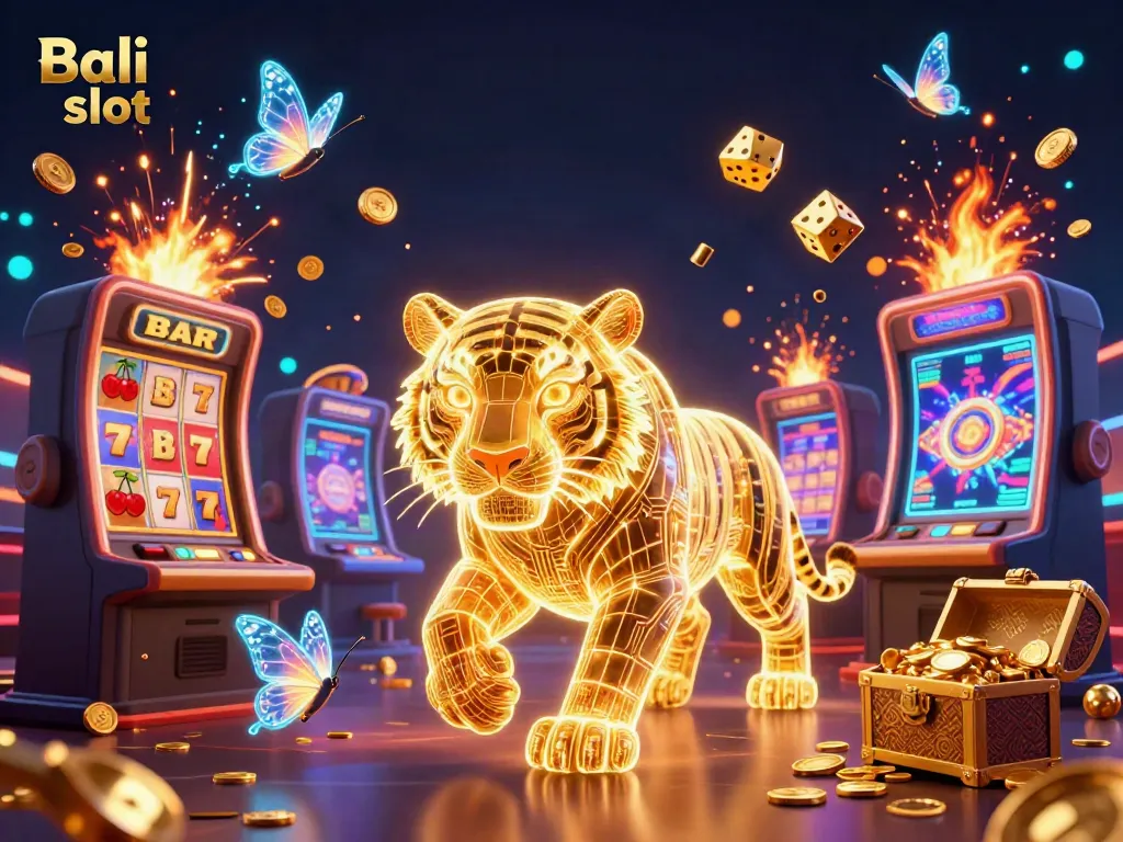 Experience the excitement of Bali slot with a golden tiger in a dazzling casino setting bursting with jackpots.