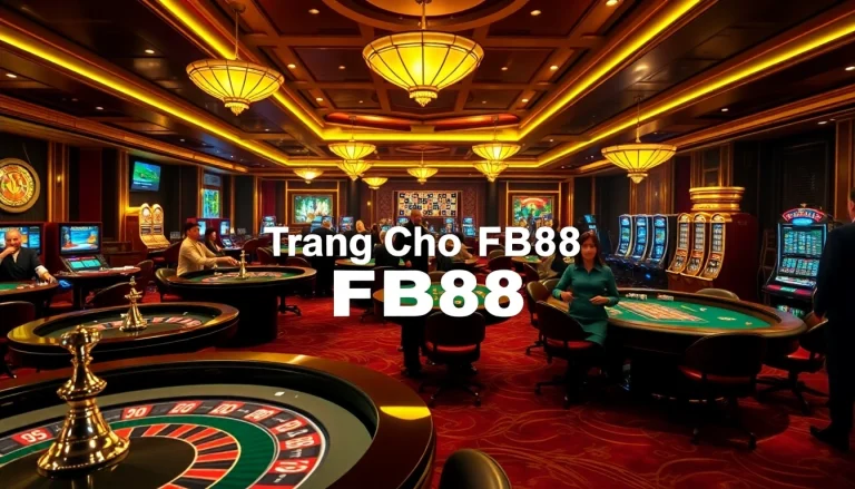 Experience the thrill of 'Trang Chủ FB88' with dynamic casino games, players, and vibrant decorations.