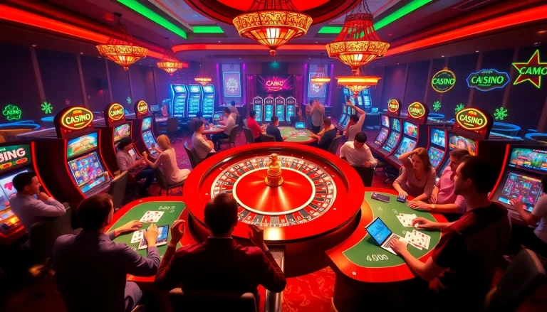Players engaging in game bài đổi thưởng at an online casino, showcasing excitement and vibrant casino elements.