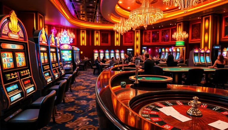 Experience bancaonline88 in a thrilling casino setting with players winning at vibrant slot machines and poker tables.