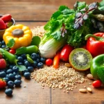 Freshly arranged healthy food items on a rustic table featuring fruits and vegetables.