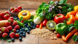 Freshly arranged healthy food items on a rustic table featuring fruits and vegetables.