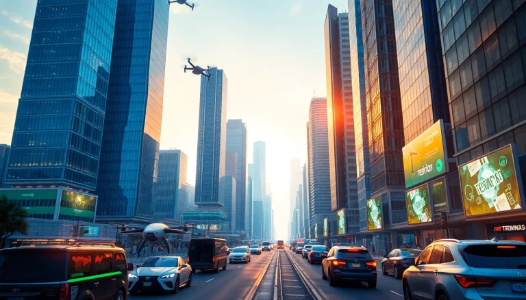 Explore New Technology in a futuristic cityscape featuring drones and solar-powered buildings.