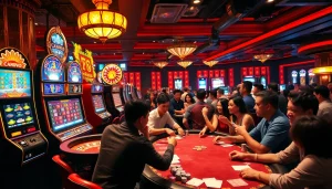 Capture the excitement of players enjoying games at a Nhà cái uy tín casino, highlighting a dynamic poker scene with chips and cards.