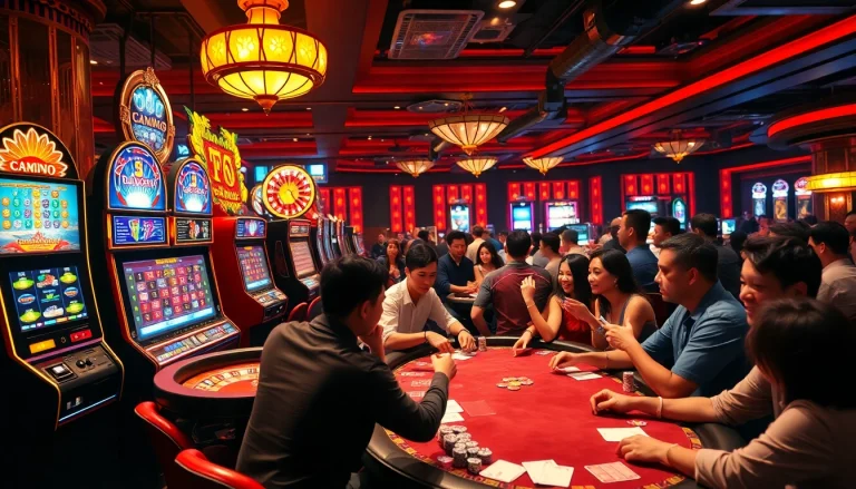 Capture the excitement of players enjoying games at a Nhà cái uy tín casino, highlighting a dynamic poker scene with chips and cards.