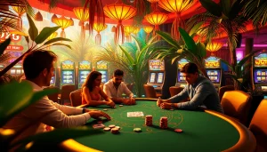 Players enjoy a vibrant game of blackjack amid the Lucky Jungle casino setting.