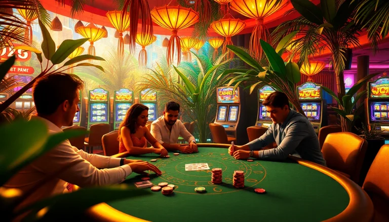 Players enjoy a vibrant game of blackjack amid the Lucky Jungle casino setting.