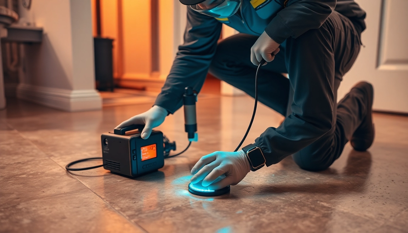 Technician performing slab leak detection using an infrared camera in a residential setting.