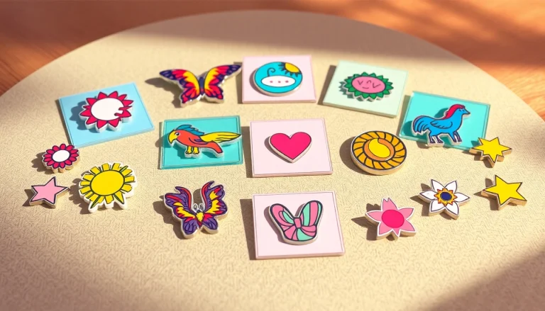 Explore unique designs with custom acrylic pins showcased on a wooden table.