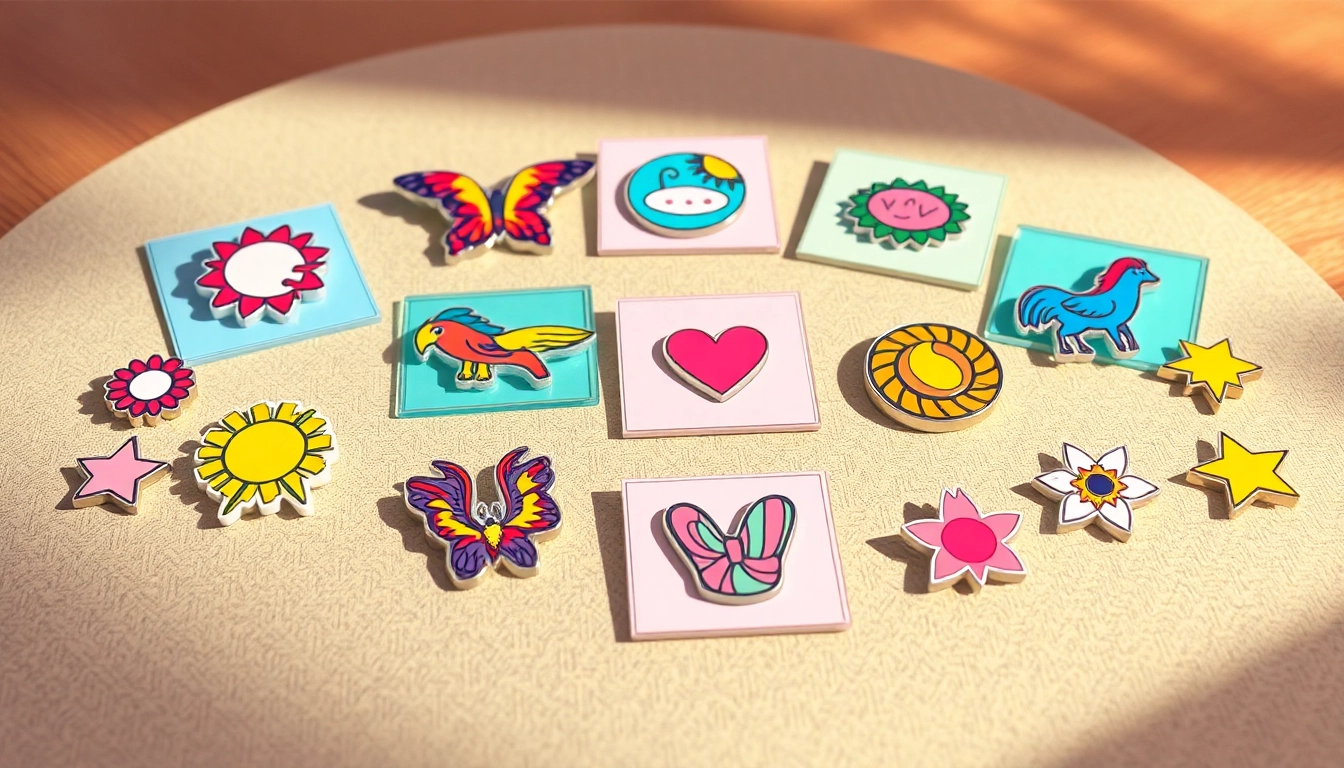 Explore unique designs with custom acrylic pins showcased on a wooden table.