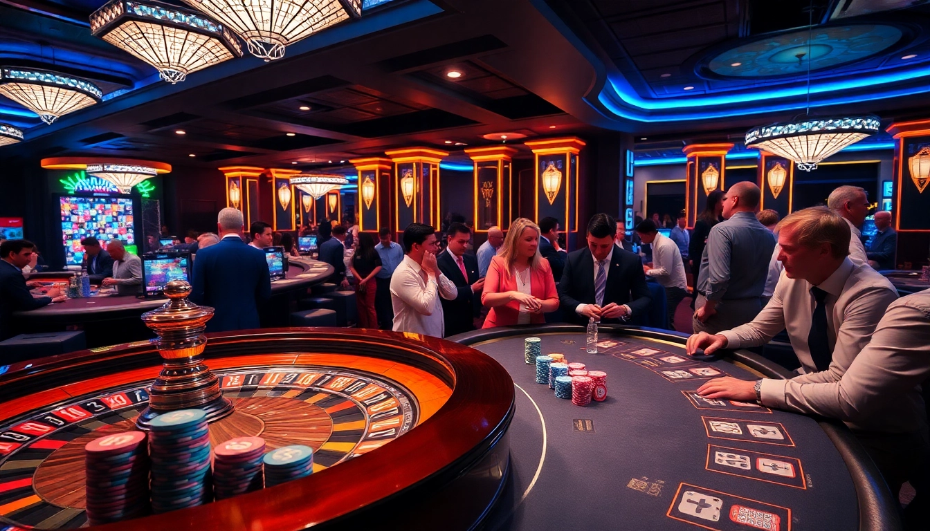 A lively casino scene at KJC AC 2 showcasing roulette wheels, poker chips, and players enjoying card games.