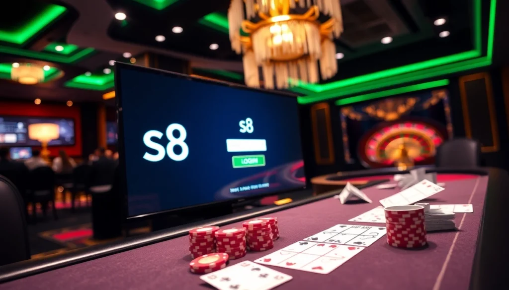 Gambler engaging with a vibrant s8 login interface amidst a luxurious casino atmosphere.