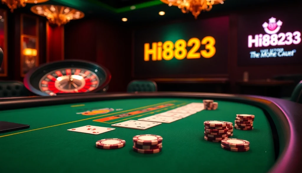 The luxurious online gambling scene featuring Hi8823 poker table, cards, and roulette.