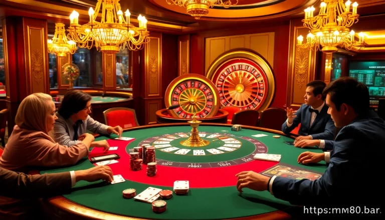Players strategizing at a luxurious poker table, experiencing the thrill of gaming at https://mm88.bar/.