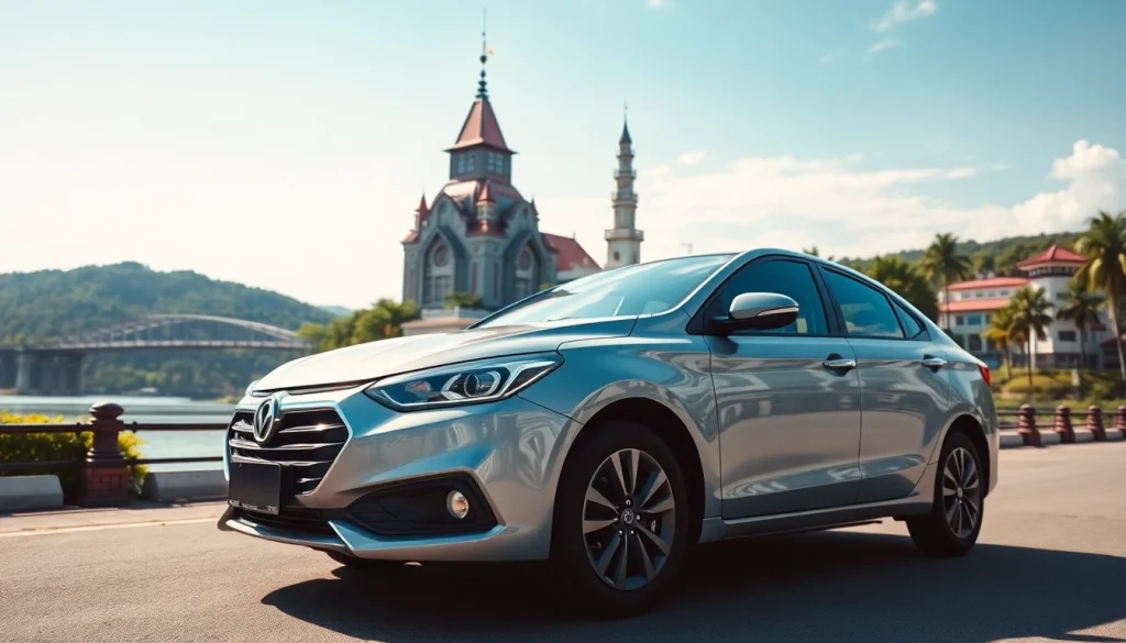 Car rental at Kuching with a sleek vehicle near a scenic landmark