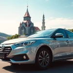 Car rental at Kuching with a sleek vehicle near a scenic landmark