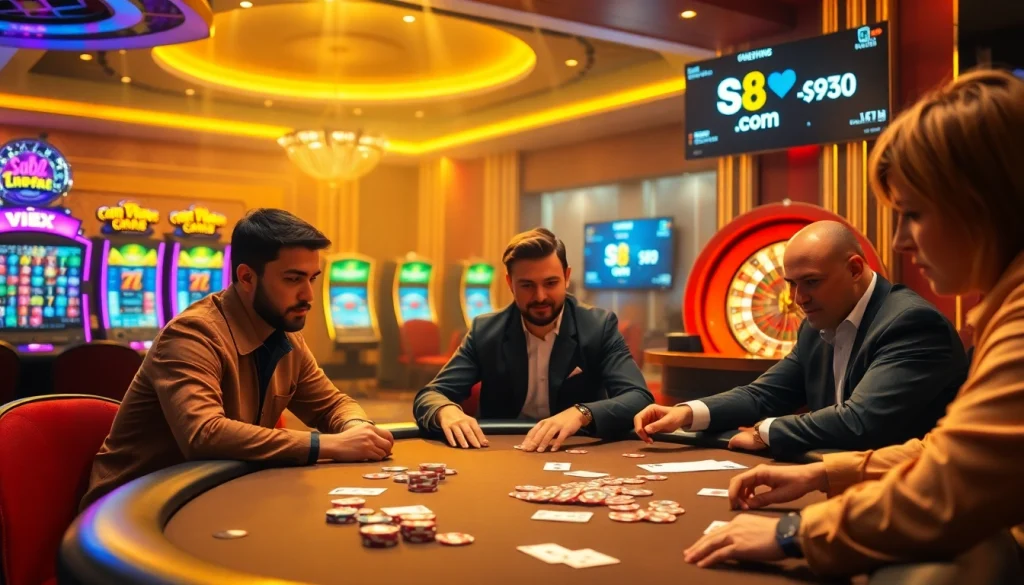 Experience the excitement of s8 com gambling with players at a luxurious poker table amidst vibrant casino elements.