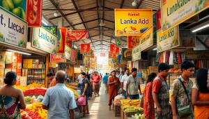 Lanka Add showcasing a vibrant Sri Lankan marketplace with various ads and friendly interactions.