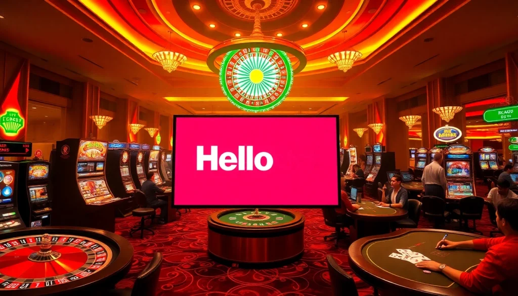 Hello88 casino scene with roulette wheel, slot machines, and exciting gambling atmosphere.