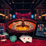 Experience the excitement of gaming with https://vnew88.vip/ showcasing poker chips and roulette in a luxury casino environment.