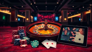 Experience the excitement of gaming with https://vnew88.vip/ showcasing poker chips and roulette in a luxury casino environment.