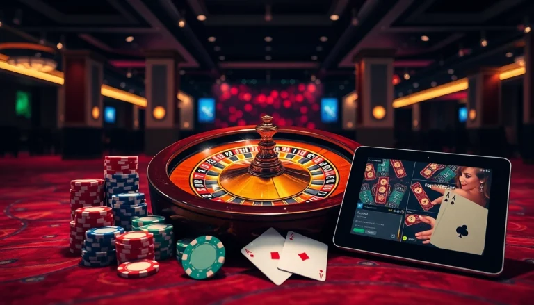 Experience the excitement of gaming with https://vnew88.vip/ showcasing poker chips and roulette in a luxury casino environment.