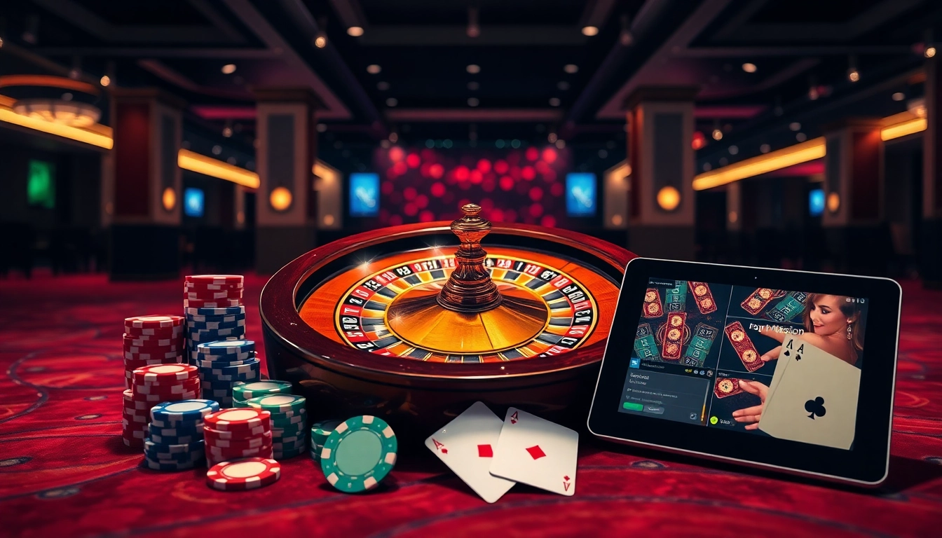 Experience the excitement of gaming with https://vnew88.vip/ showcasing poker chips and roulette in a luxury casino environment.