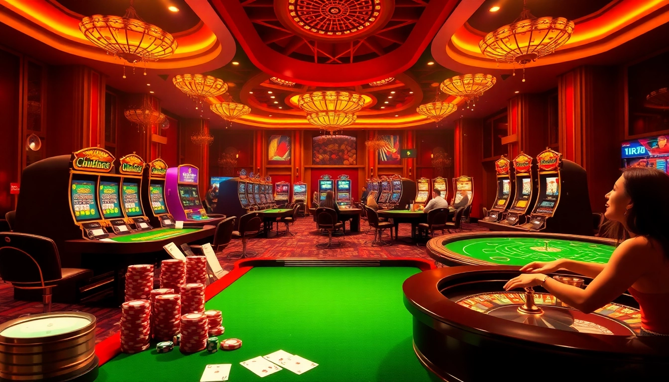 Visual of players enjoying ingat bola88 in an elegant casino with vibrant slot machines and poker games.
