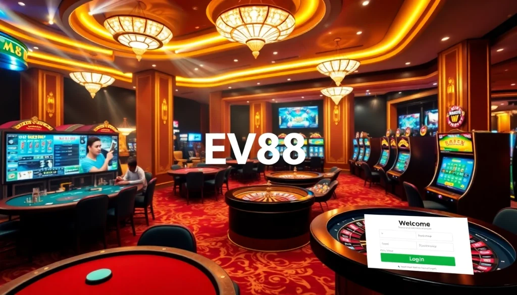 EV88 đăng nhập to a vibrant online casino environment with players, tables, and slot machines.