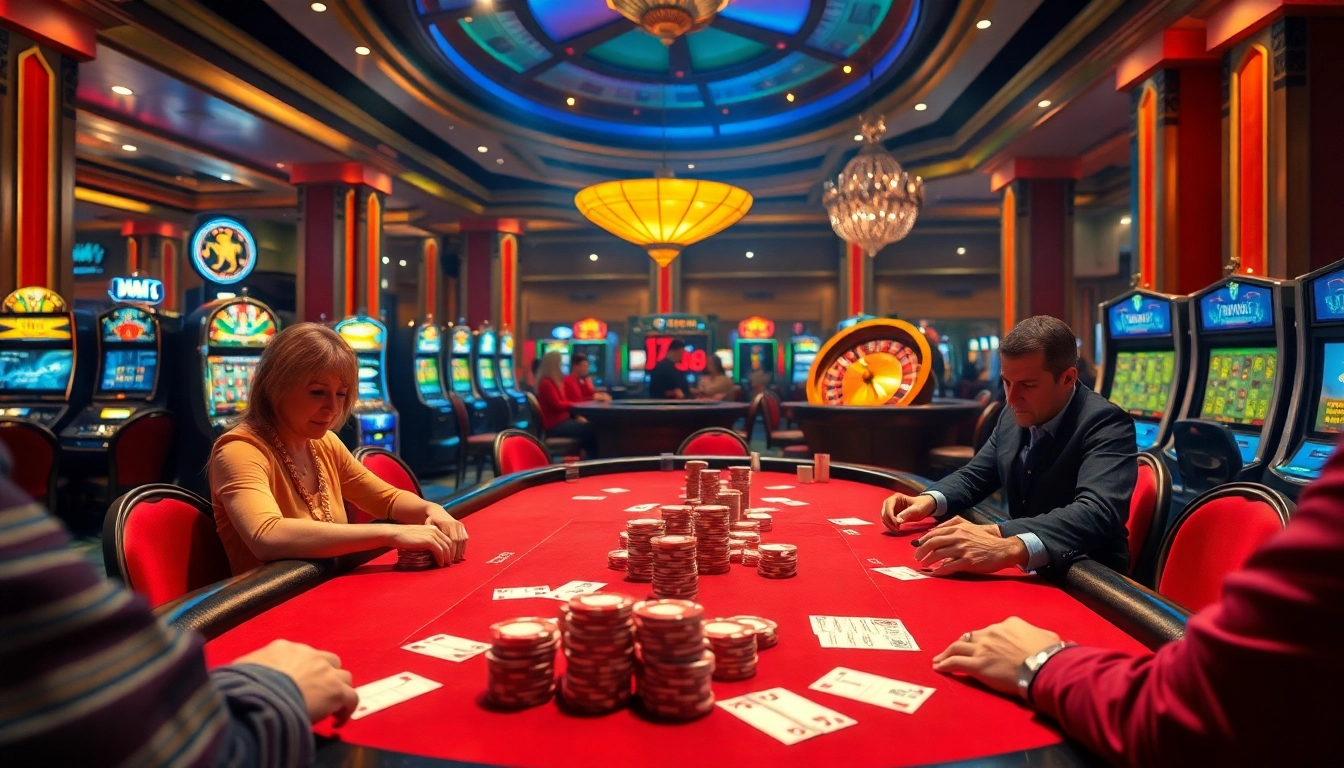 Gamblers enjoying a luxurious atmosphere at RR88com casino, engaging in poker and roulette games.